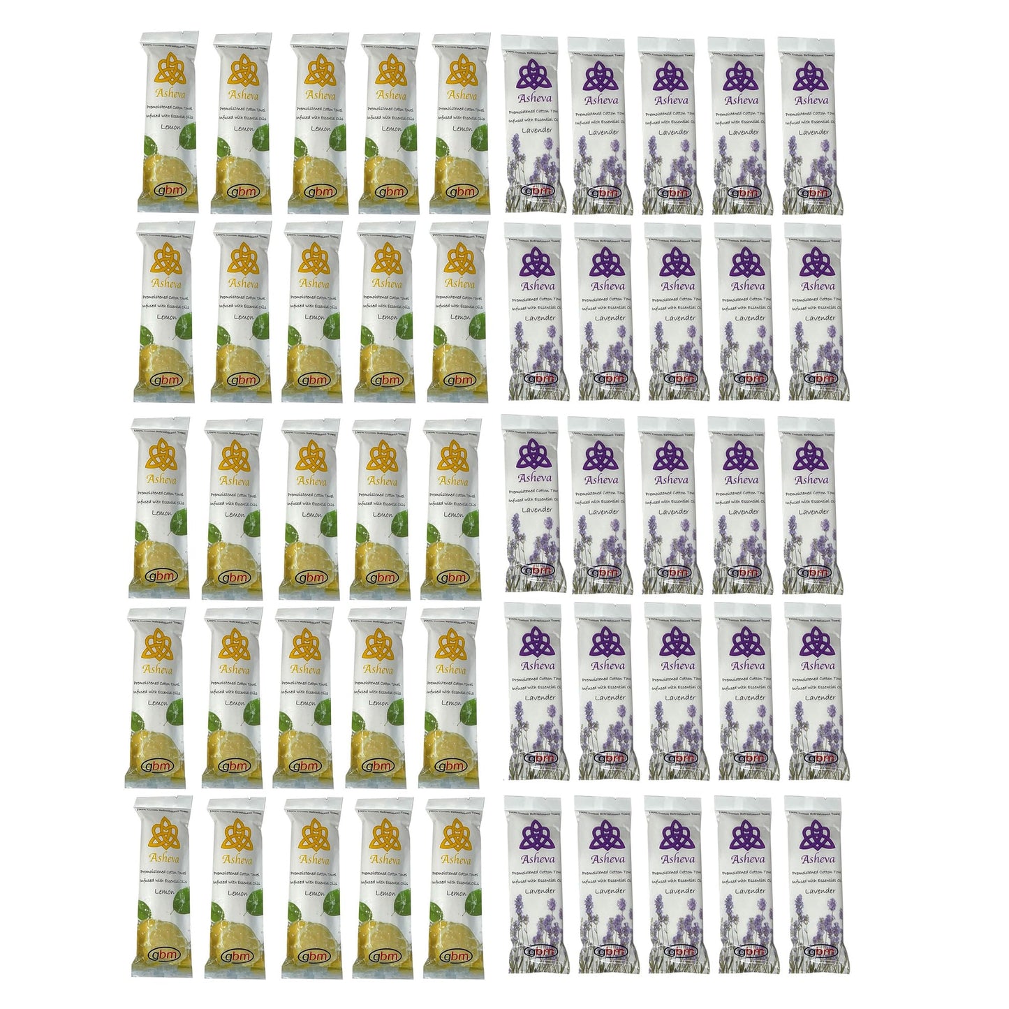 Asheva 8" x 9" Individually Wrapped Oshibori Disposable Towels - Luxurious Moist Cotton Hot/Cold Refreshment Towel - Lavender, Lemon, or Tea Tree