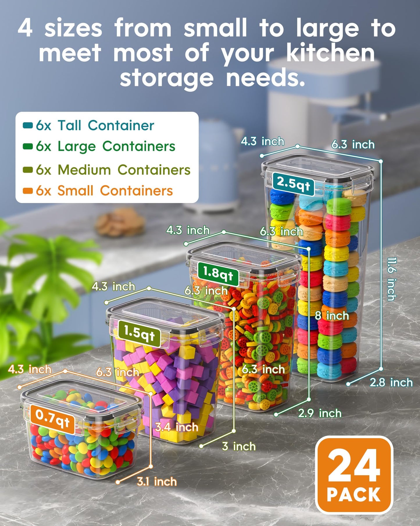 Airtight Food Storage Containers with Lids, 24 PCS Kitchen and Pantry Organization Canisters, BPA-Free, PVC-Free, Food-grade Plastic Leak-proof Jars…
