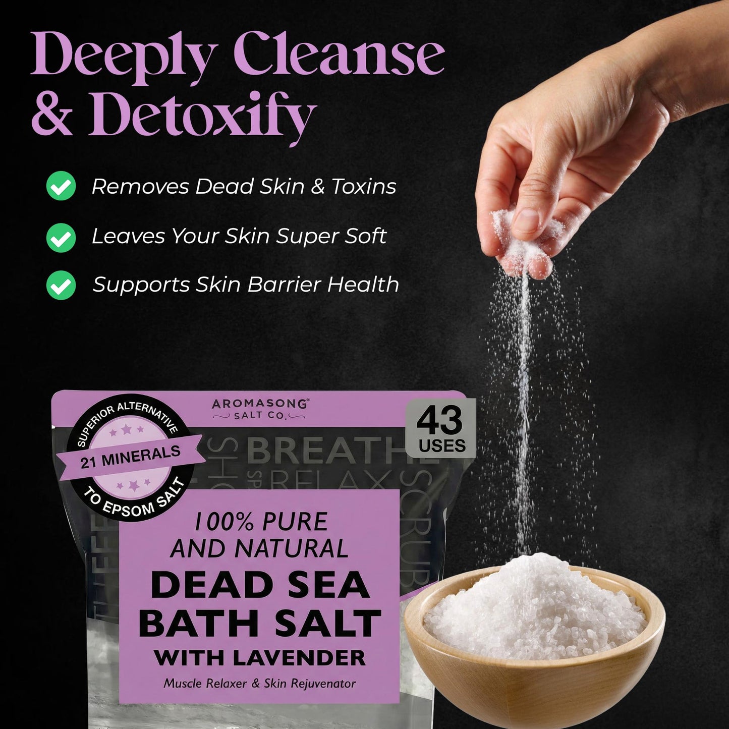 Aromasong Pure Dead Sea Salt for Soaking with 100% Natural Lavender, 19 LB - Spa Bath Salt Fine Grain - Body Wash Scrub - Soak for Women & Men- Bulk
