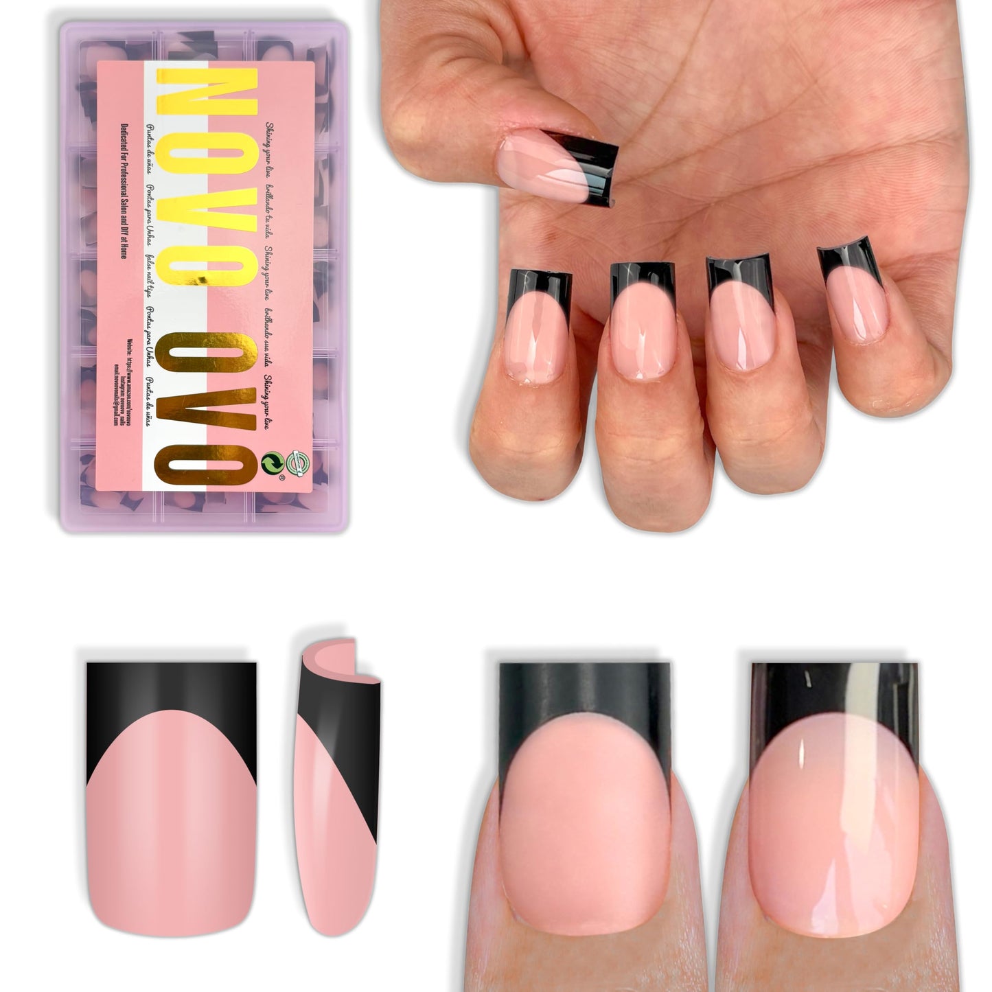 NOVO OVO Short Sharp Square Black French Tip Nail Tips Press on BABY PINK, Extra Thick NEED Nail Glue Builder Gel Top Coat, Soft Gel Full Cover Fake Beauty and Personal Care NOVO OVO Default Title