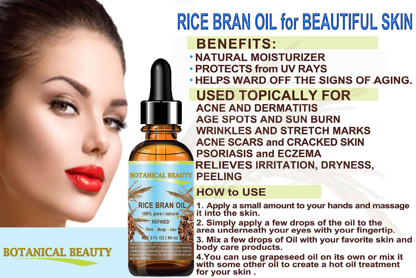 Botanical Beauty RICE BRAN OIL 100% Pure Natural Refined Undiluted Cold Pressed Carrier Oil for Face, Skin, Body, Hair, Massage, Nails. (2 Fl Oz)