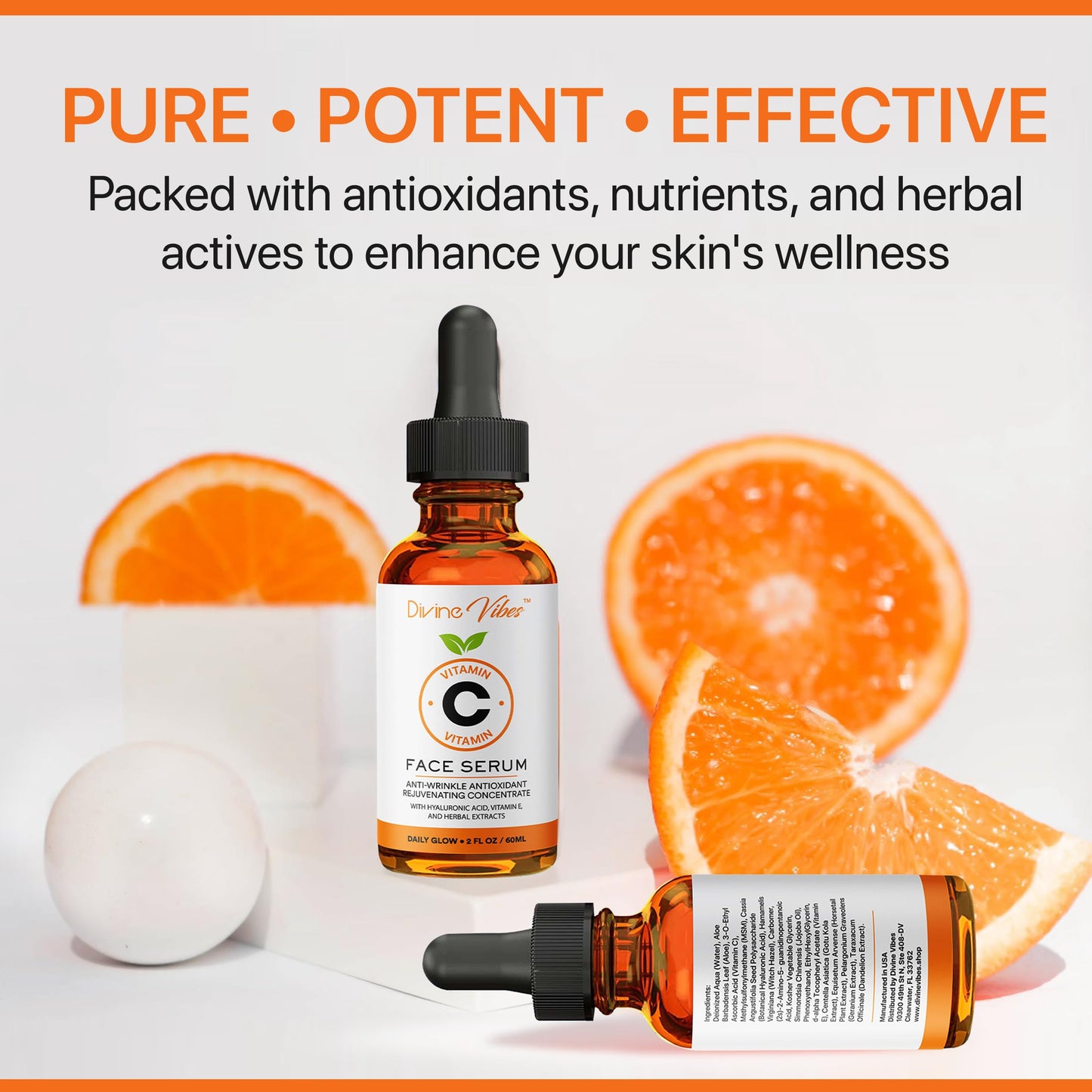 100% Pure Vitamin C Serum for Face - Face Serum for Fine Lines with Hyaluronic Acid, Vitamin E, Herbal Antioxidant Extracts - Smooth, Tight, Firm