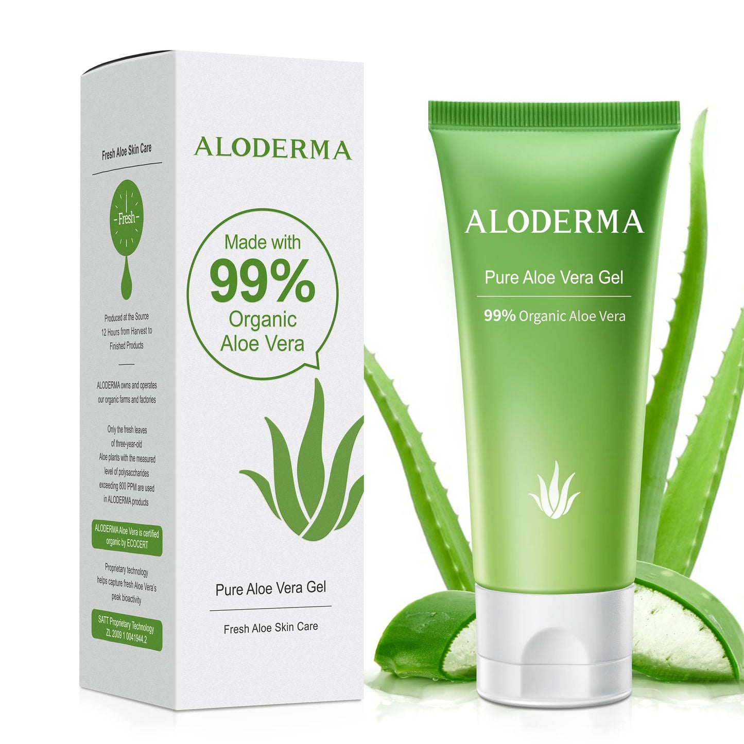 Aloderma 99% Organic Aloe Vera Gel Made within 12 Hours of Harvest, Easy Travel Size Tube for Body, Face, & Scalp, Cooling, Soothing Instant Relief