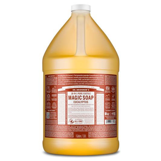 Dr. Bronner's Pure-Castile Magic Soap Liquid (Eucalyptus, 1 Gallon) - Made with Regenerative Organic Certified Oils, 18-in-1 Uses: Face, Body, Hair