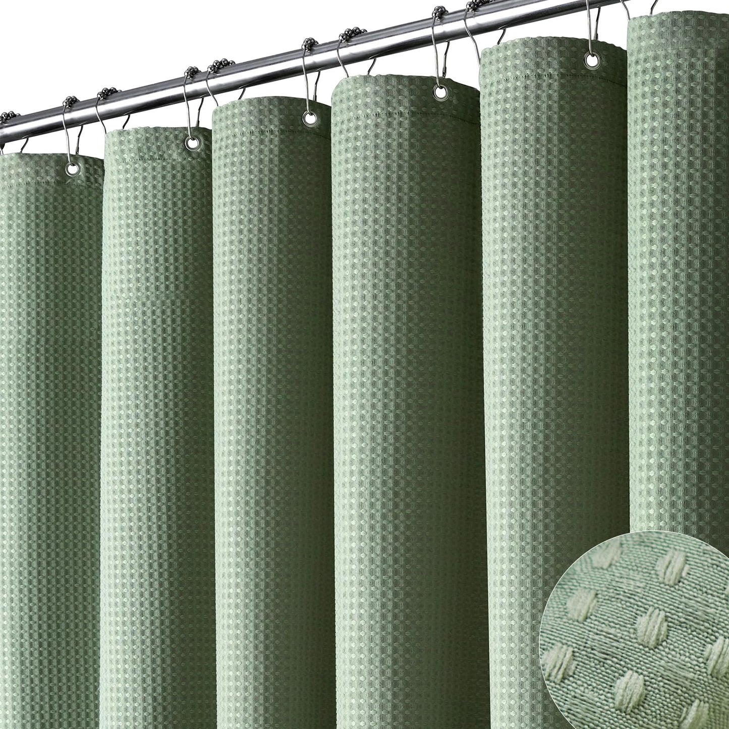 Dynamene Sage Green Waffle Shower Curtain – 72x72in Thick 256GSM Fabric, Luxury Weighted Bath Curtain with 12 Hooks