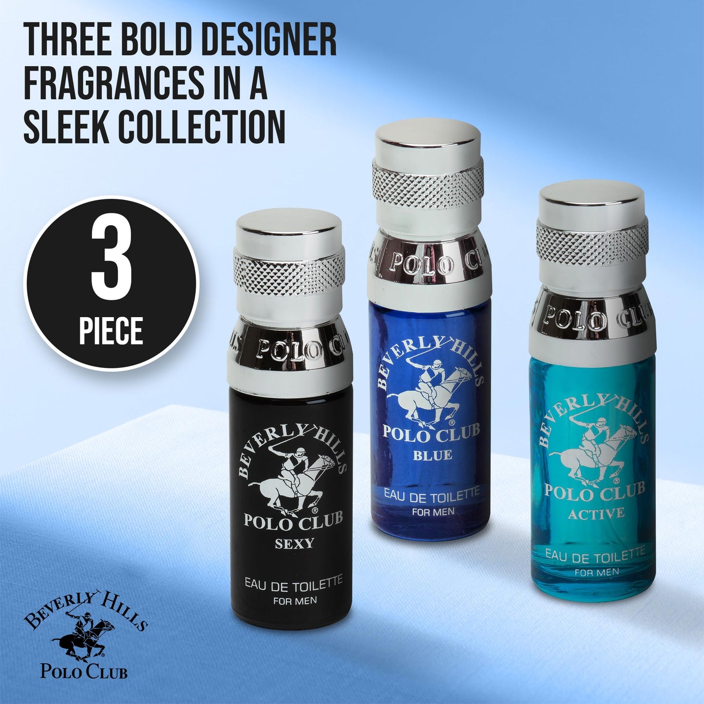 Beverly Hills Polo Club BHPC Men's 3-Piece Eau De Toilette Gift Set | Designer Cologne Collection for Him | Citrus Fragrance Sampler | Travel-Size