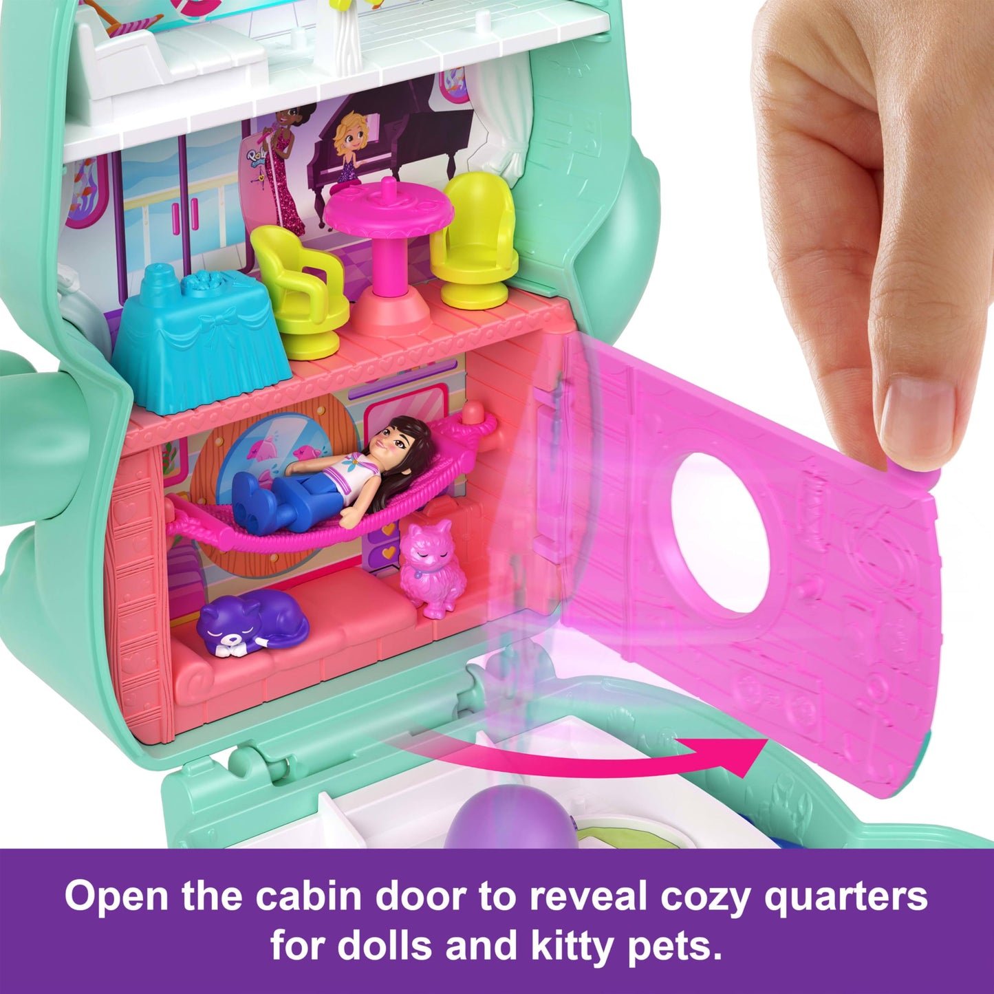 Polly Pocket Dolls and Playset, Set Sail Kitty Compact, Travel Toy with 1 Micro Doll, Pet Cats, Food & Fashion Styling Accessories