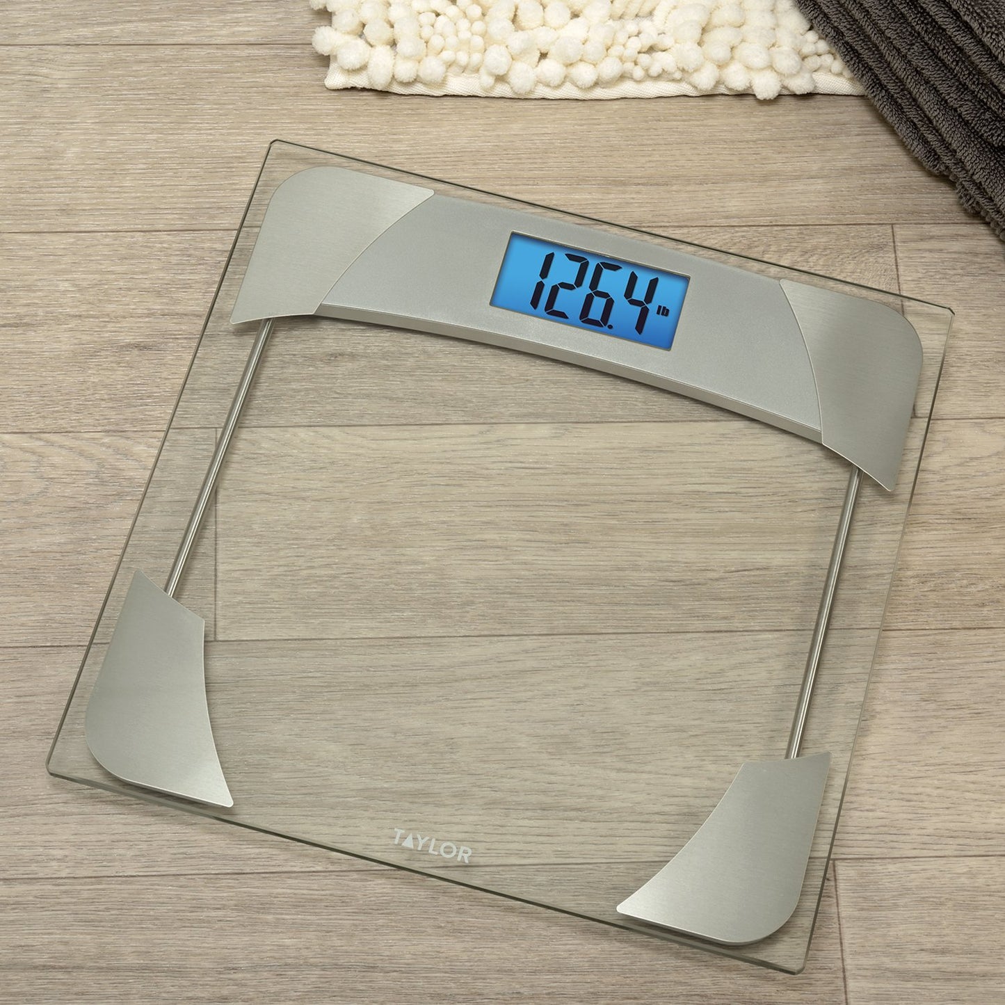 Taylor Digital Scales for Body Weight, 400 LB Capacity, Unique Blue LCD, Stainless Steel Accents, Glass Platform, 12.2 x 12.2 Inches, Clear