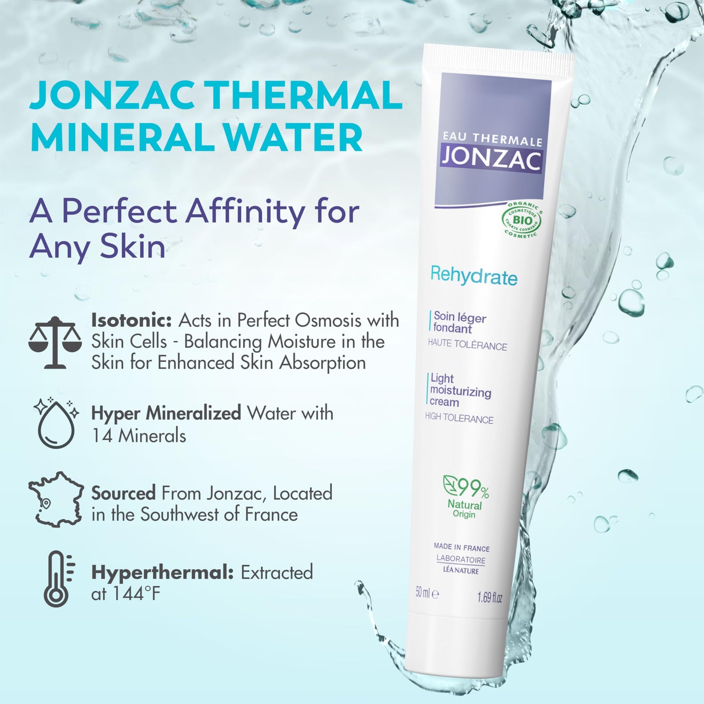 Eau Thermale Jonzac Rehydrate Organic Light Moisturzing Cream for Daily Use - Facial Cream Providing 24hr Hydration with Pure Hyaluronic Acid