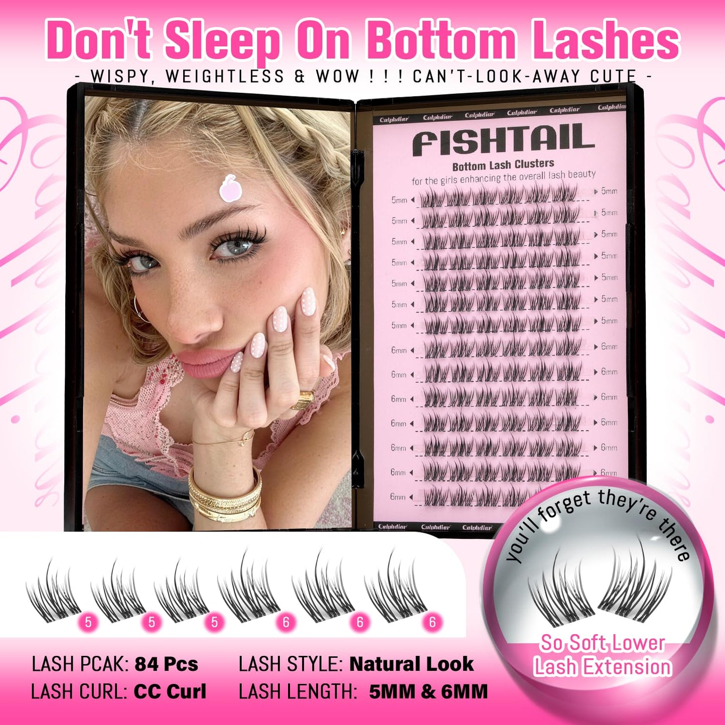 calphdiar Natural Bottom Lash Clusters Wispy Bottom Lashes Fishtail Lower Eyelash Extensions 5mm 6mm Individual Lashes CC Curl Clear Thin Band Bottom Beauty and Personal Care calphdiar