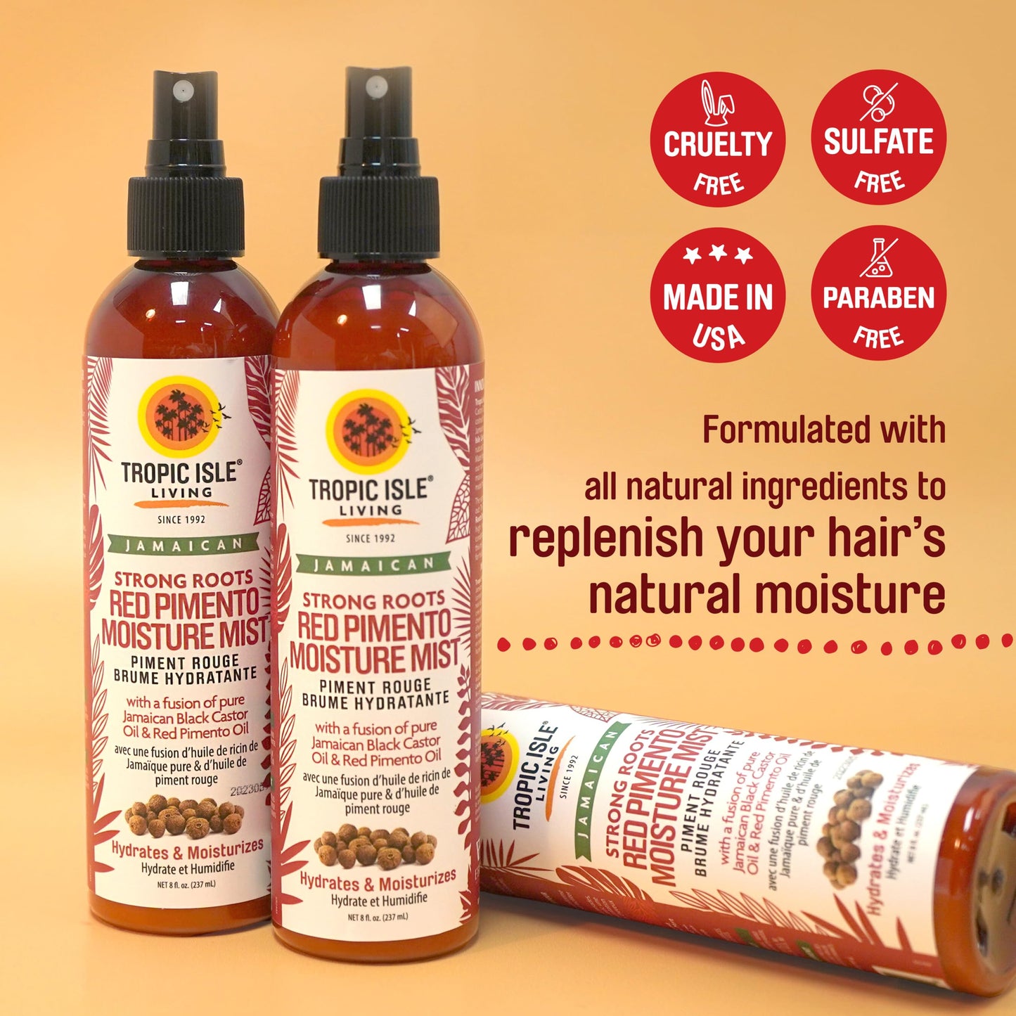 Tropic Isle Living Strong Roots Red Pimento Moisture Mist 8oz | Jamaican Black Castor Oil Promotes Hair Growth, Detangles, Reduces Frizz, Adds Shine