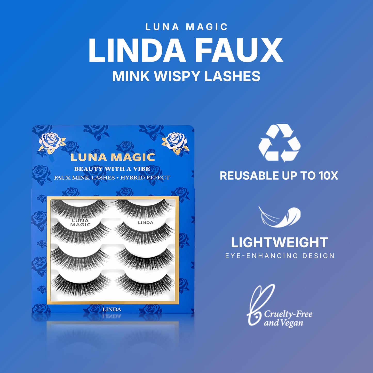 Luna Magic Linda Faux Mink Wispy Lashes with Soft Band, Reusable up to 10x, Lightweight Eye-Enhancing Design for Natural or Dramatic Eye Looks - Vegan