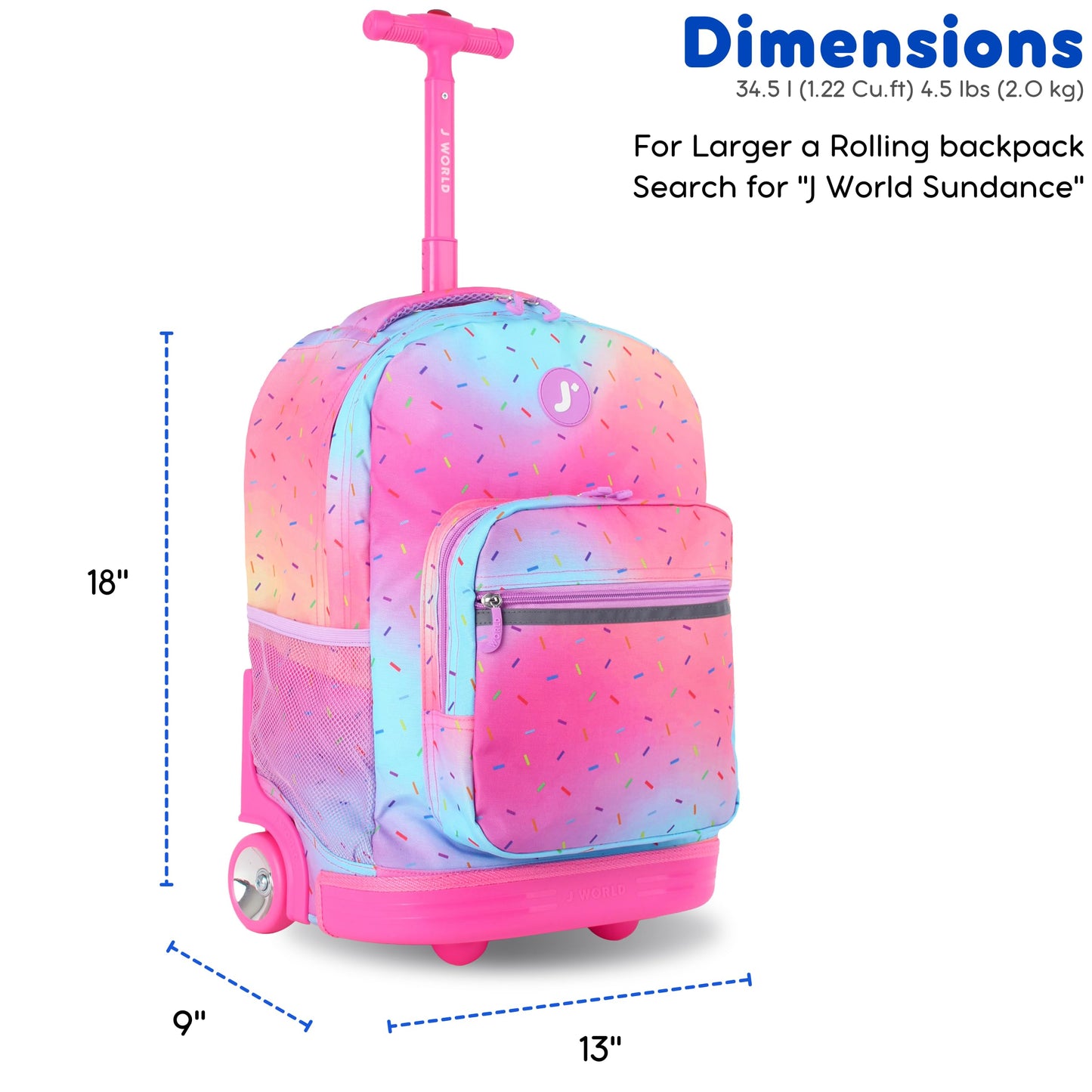 J World Sunrise Kids Rolling Backpack for Girls Boys. Roller Bookbag With Wheels For School, Confetti