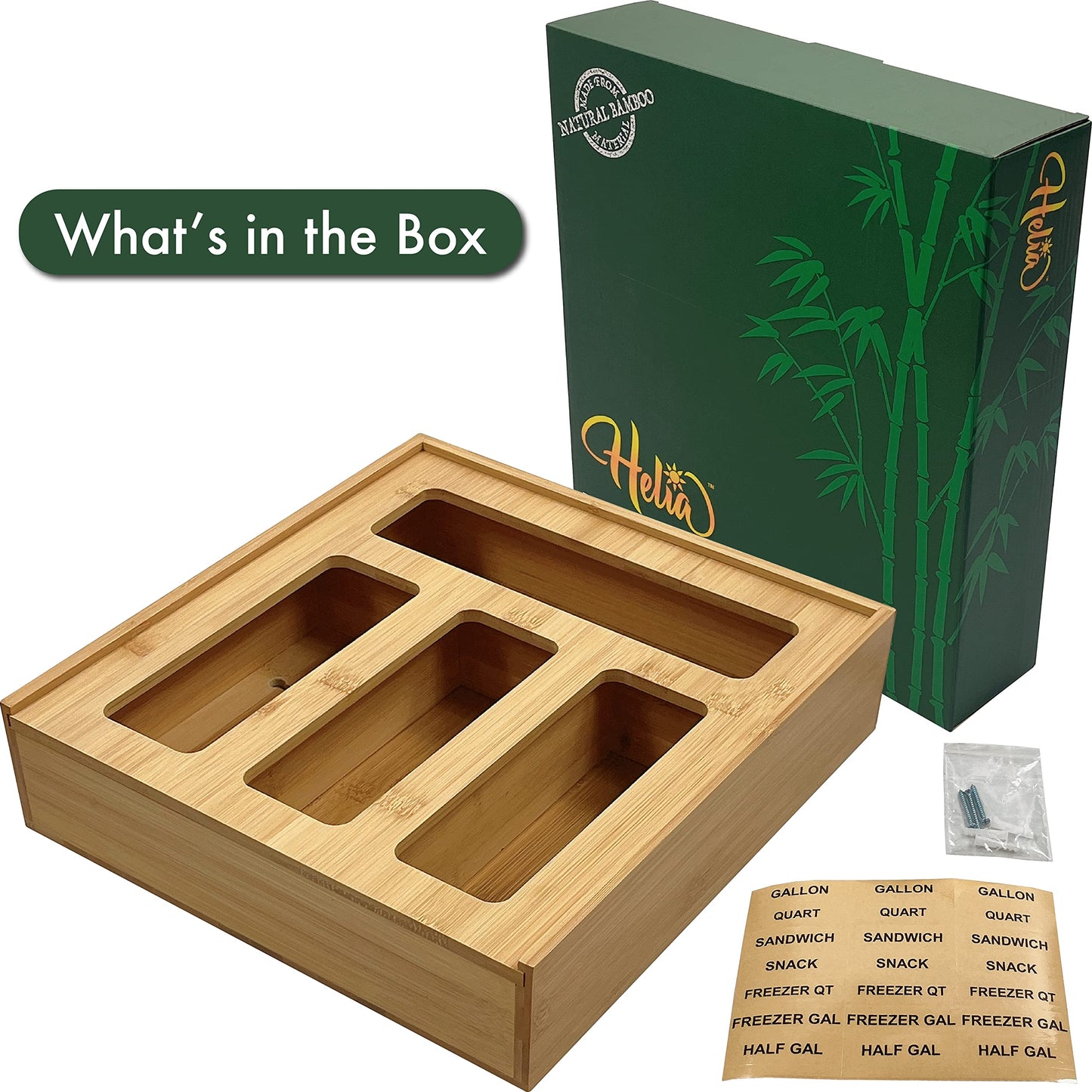 HELIA Bamboo Zip Storage Bag Organizer for Kitchen Drawer and Wall Mount | Solid Bamboo Food Storage Bag Holder | Plastic Bag Organizer for Sandwich…