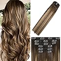 WindTouch Clip in Hair Extensions Real Human Hair Balayage Chocolate Brown To Dark Blonde Ombre Highlights for Brown 75g 22Inch 7PCS #4T27P4