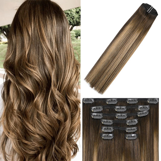WindTouch Clip in Hair Extensions Human Hair Chocolate Brown To Dark Blonde Ombre Highlights for Brown Hair 15Inch 75g #4T27P4 Remy Hair 7PCS