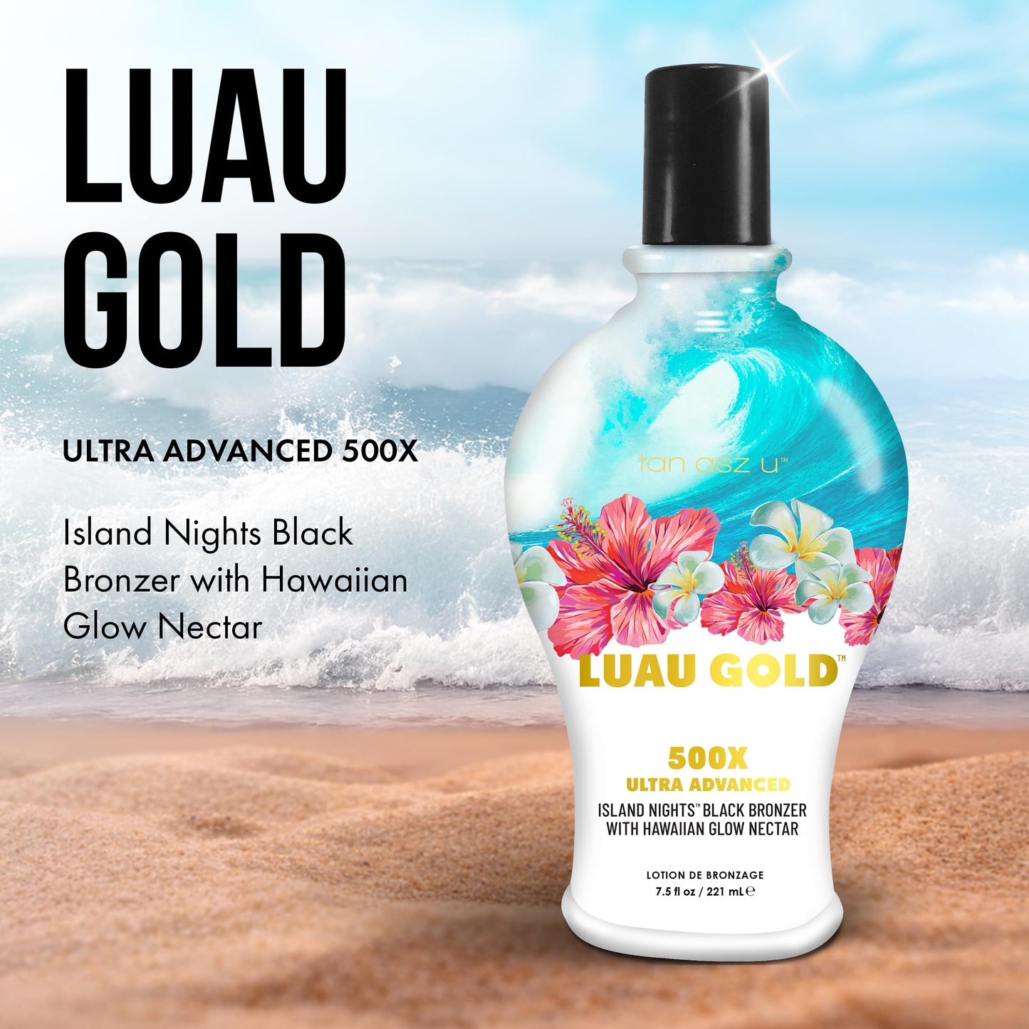 Tan Asz U Luau Gold Tanning Lotion, 500X Ultra Advanced Island Nights Black Bronzer Tanning Lotion with Hawaiian Glow Nectar, Peptides & Ceramides