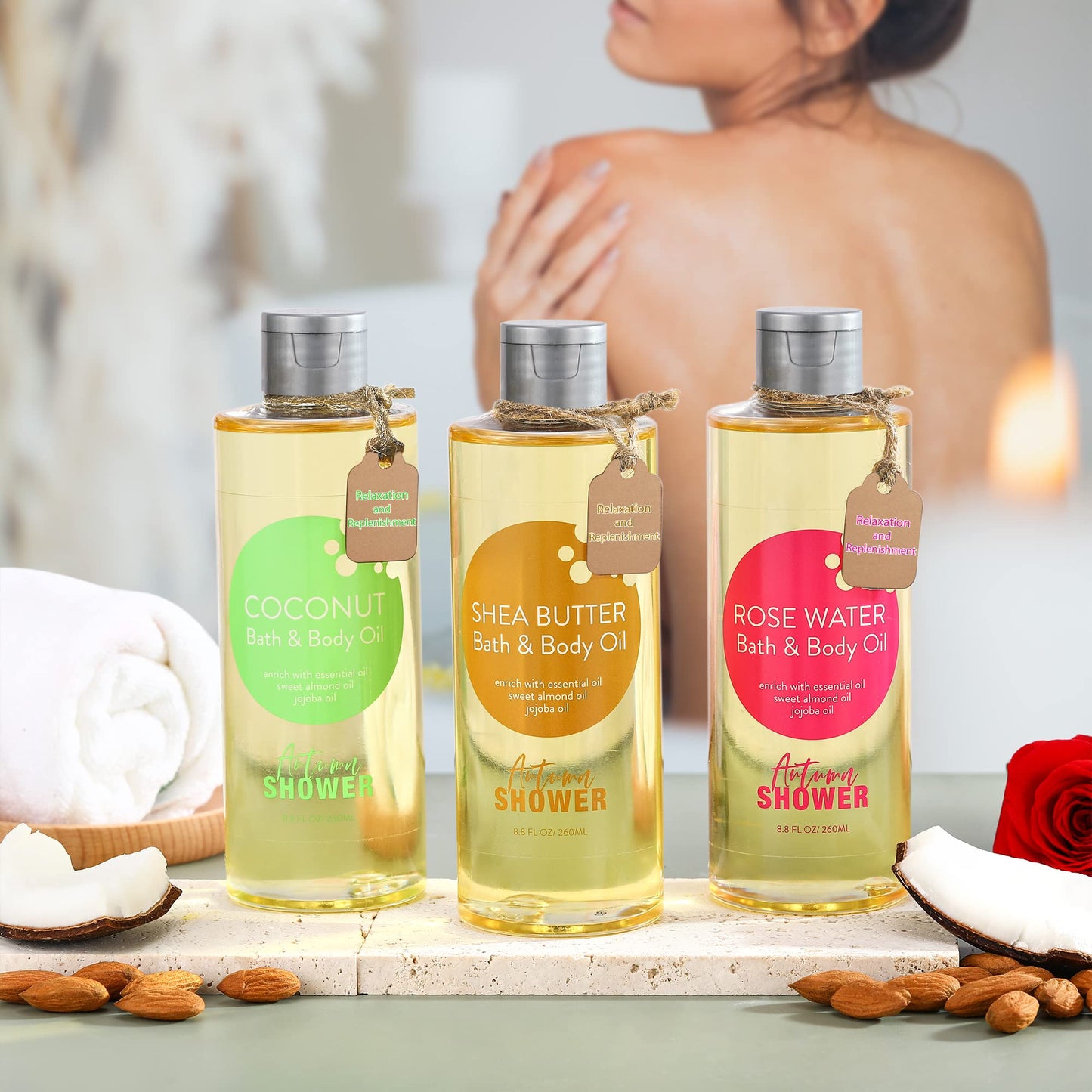 Autumn Shower Bath and Body Oil with Sweet Almond Jojoba, Shea Butter, Rose Water, Coconut Bath Oils Mother's Day Gift for Women, Multiuse Oil