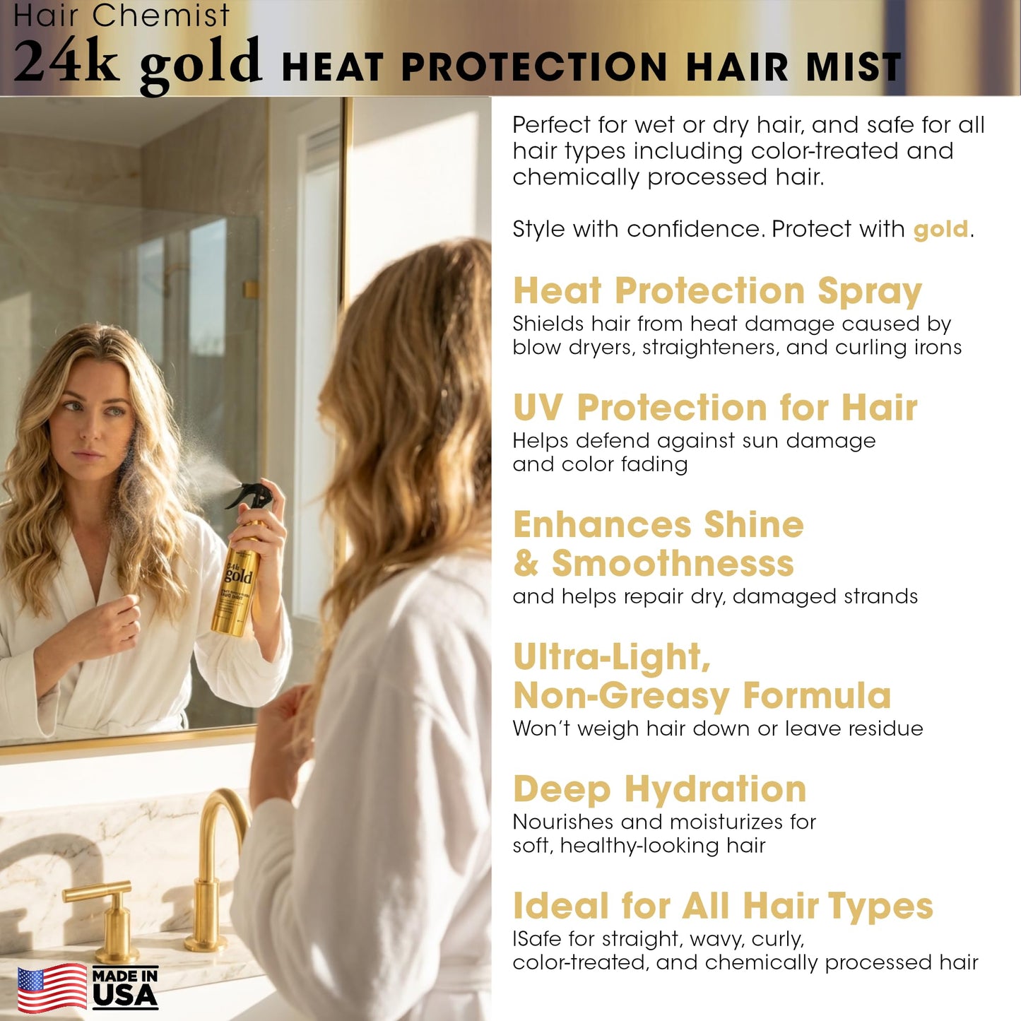 Hair Chemist 24k Gold Heat Protection Hair Mist 8 Ounce- UV & Thermal Heat Protectant Spray for Blow Drying & Flat Iron- Anti-Frizz and Shine