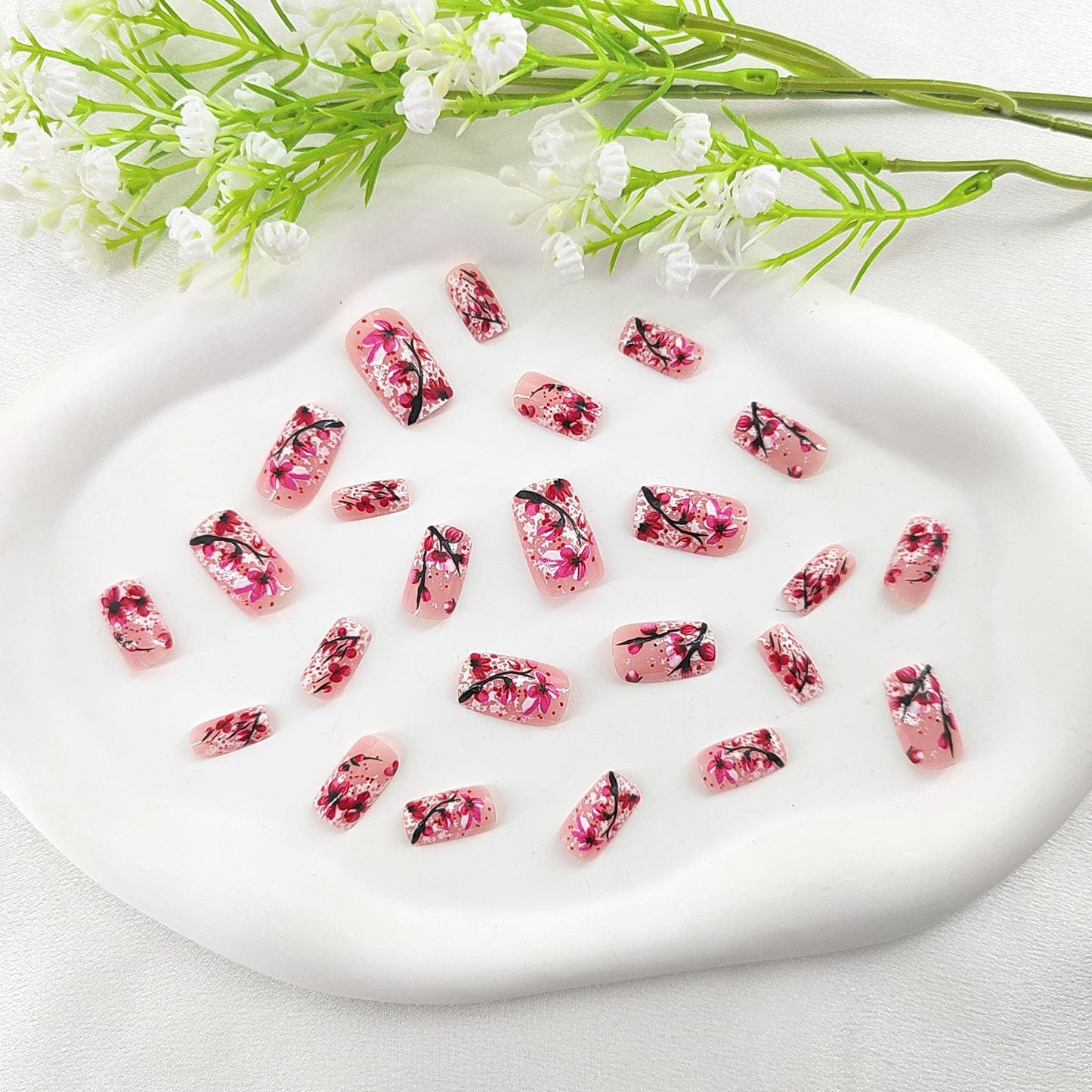 Medium Press on Nails Square Acrylic Nails Press ons Pink Full Cover Fake Nails with Plum Blossom Design Snow Glue on Nails Glossy False Nails Winter Beauty and Personal Care SRIMNUYY