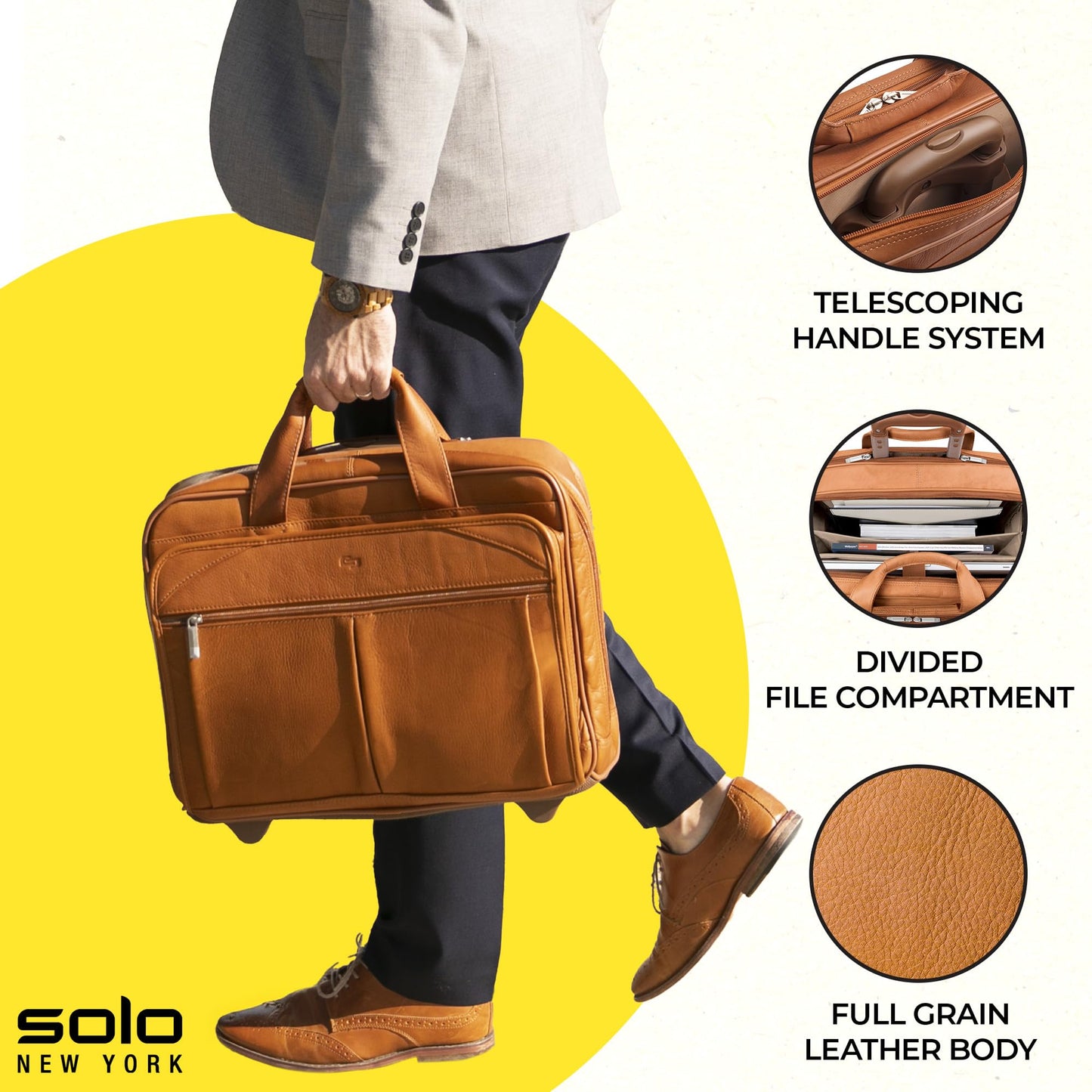 Solo New York Leather Rolling Case with Wheels - Roller Laptop Bag, Wheeled Briefcase for Women & Men, Carry On Size for Travel, Fits 15.6" Computer