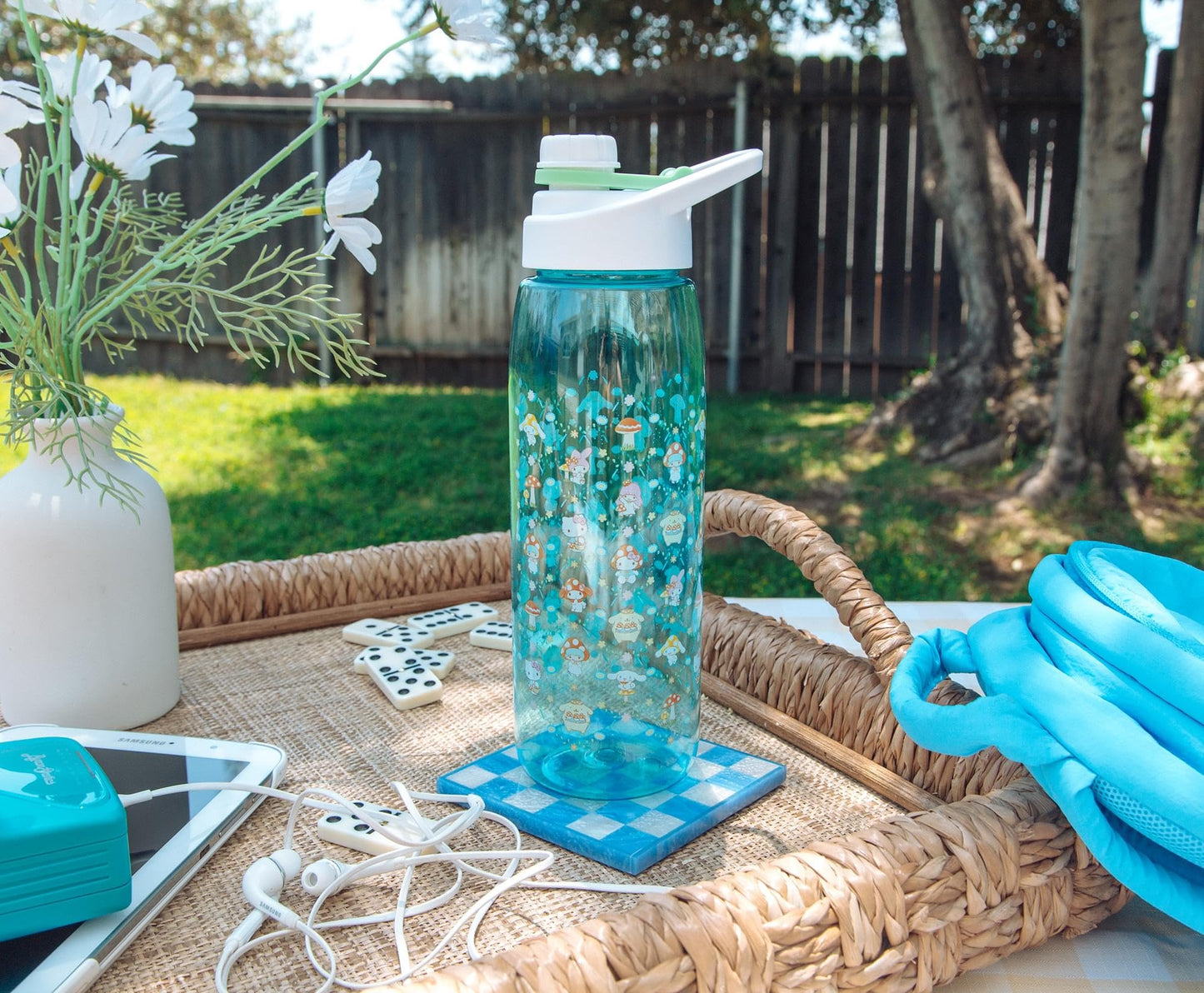 Silver Buffalo Sanrio Hello Kitty and Friends Mushroom Crew Water Bottle With Screw-Top Handle Lid | Large Plastic Sports Jug | Holds 28 Ounces