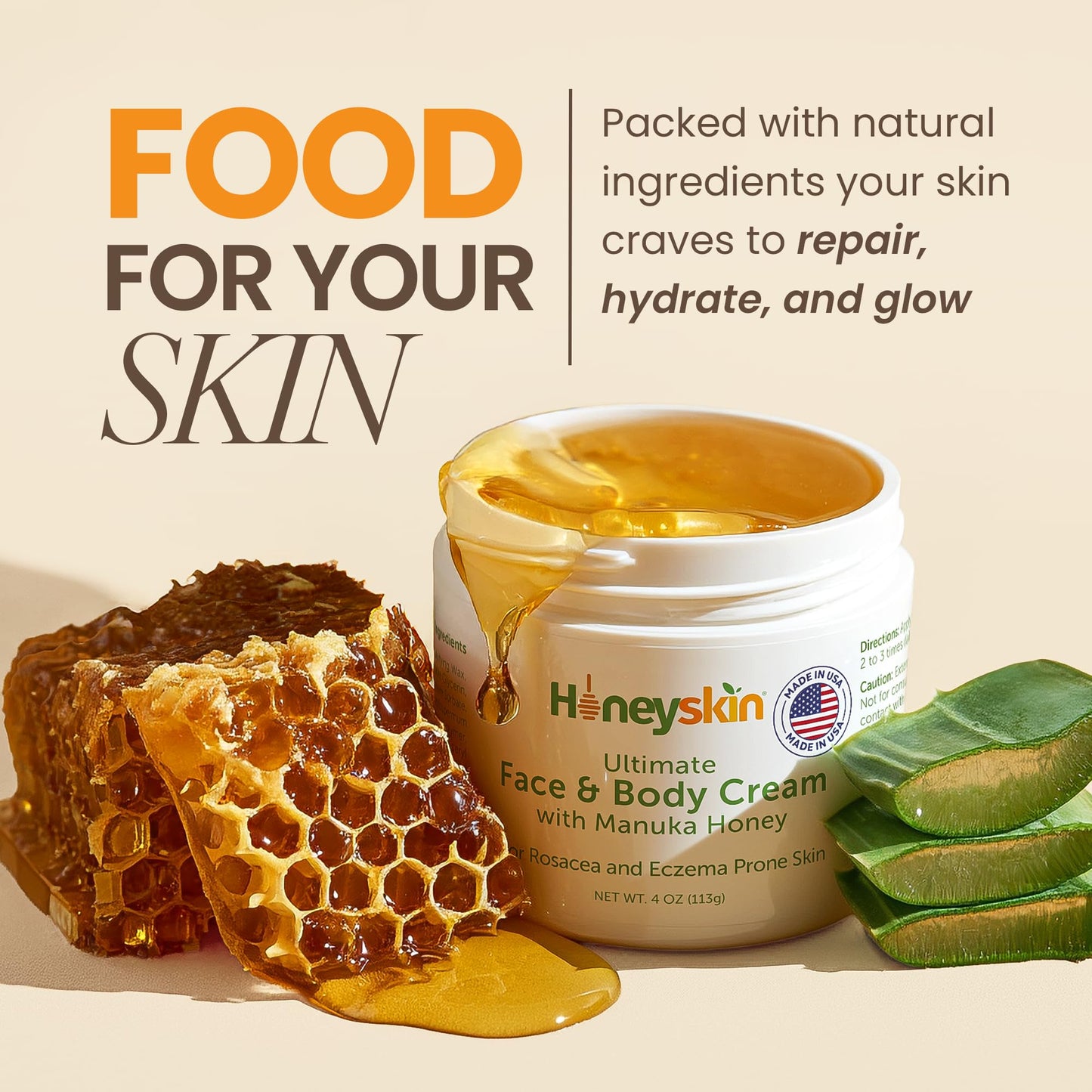 Hydrating Face Moisturizer & Body Cream with Manuka Honey Cream - Organic Face Moisturizer with Honey for Extremely Dry Skin - for Dry & Itchy Skin