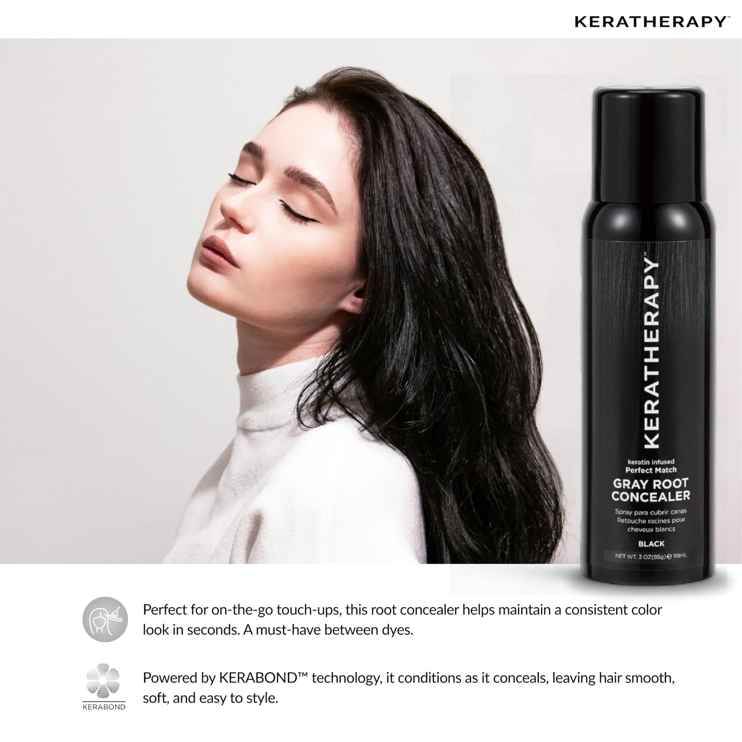 Keratherapy Keratin Infused Perfect Match Gray Root Concealer Spray, Black, 3 oz, 118 ml - Root Cover Up Spray to Hide Gray Roots - Keratin Therapy
