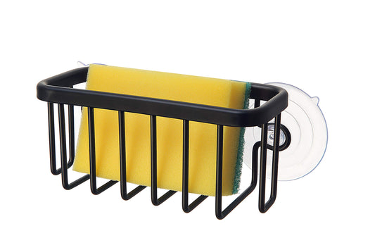 SunnyPoint NeverRust Sink Caddy for Sponges, Soap & Scrubbers, Adhesive Mount with Extra Suction Cup, Aluminum, 6"x2.5"x2.75", Black