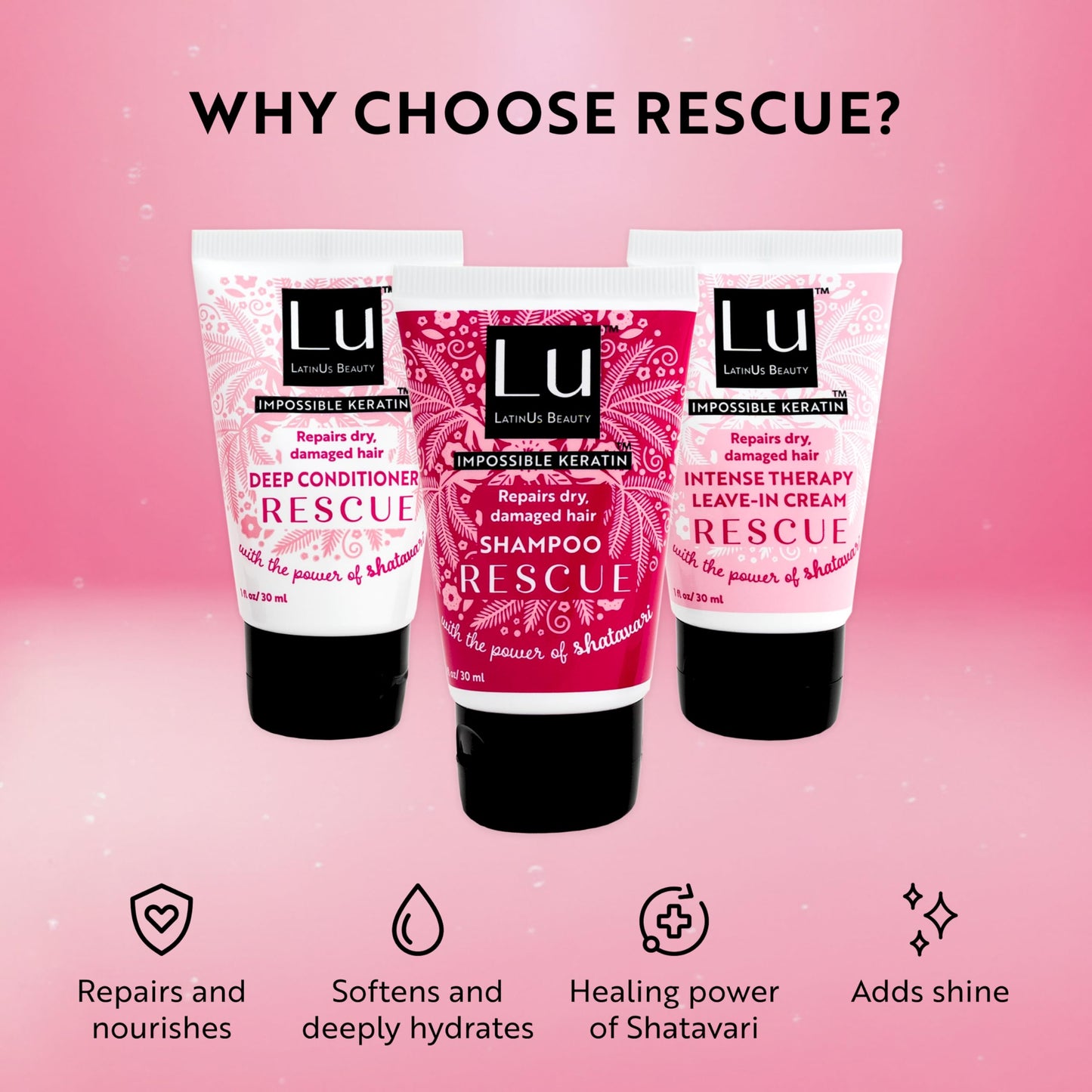 Lu by LatinUs Beauty Rescue Travel Size Collection | Complete Hair Repair System | Shampoo, Conditioner & Styling Cream | For Damaged & Color-Treated