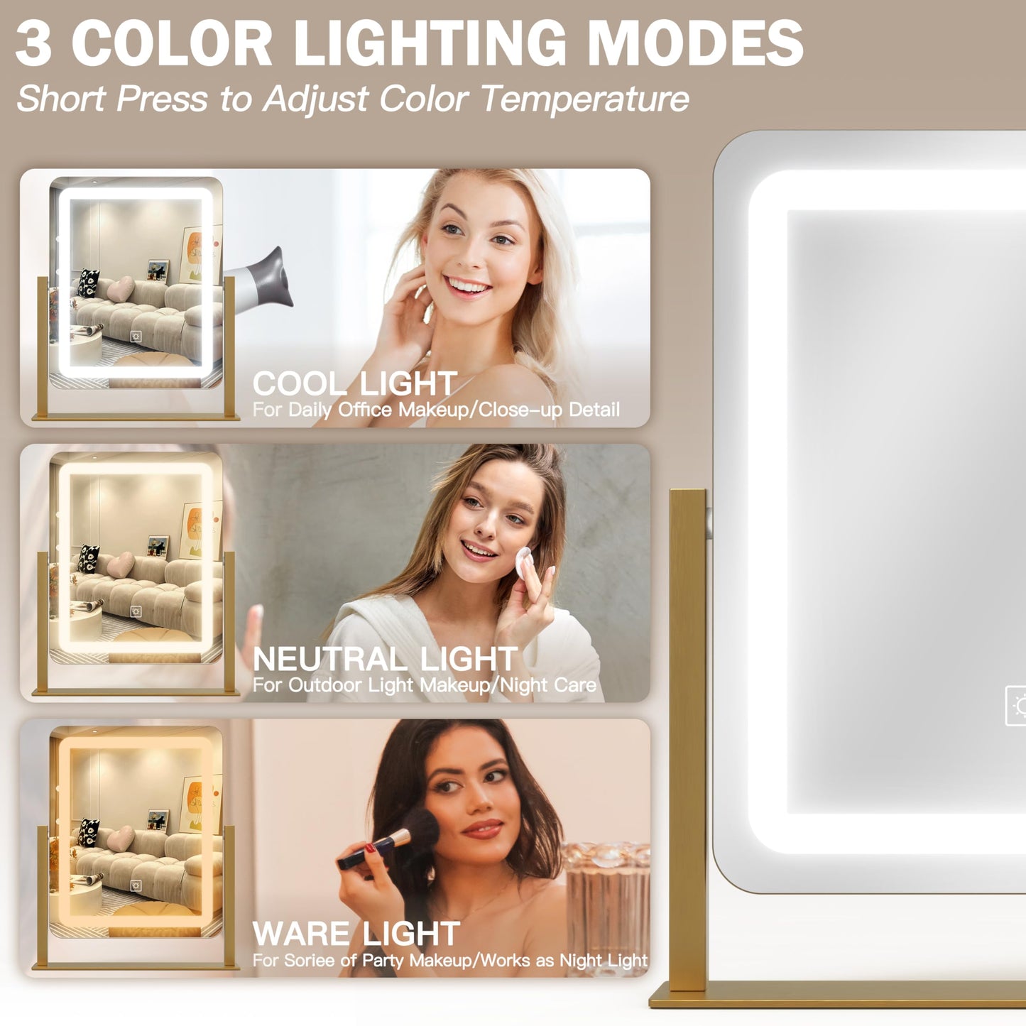 ROLOVE Vanity Mirror with Lights, 12.6"×15" LED Makeup Mirror, Lighted Makeup Mirror with Lights, Smart Touch Control Dimmable 3 Modes Light, Lighted Beauty and Personal Care ROLOVE