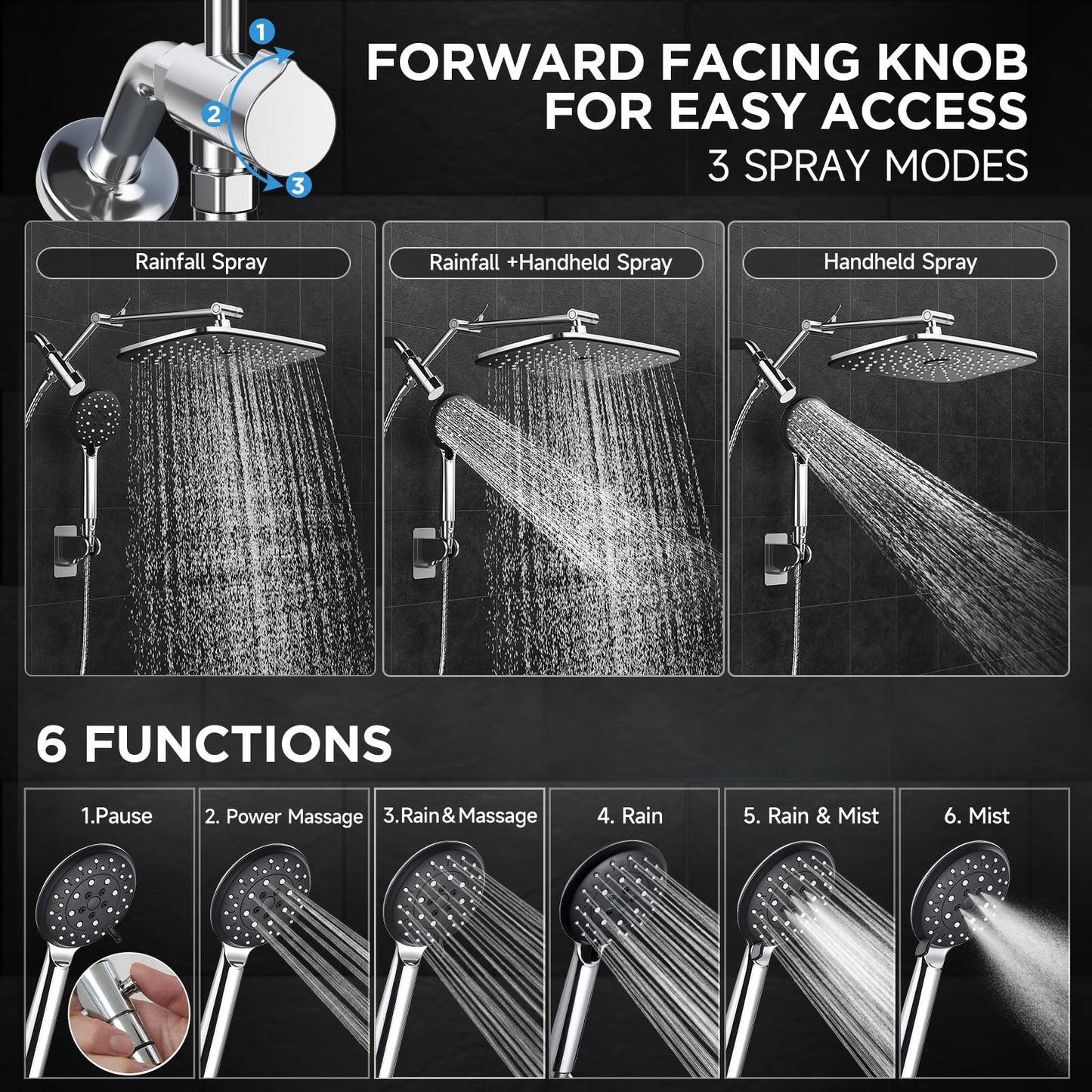 Veken Rain Shower Head Combo – 6-Mode Handheld High Pressure Showerhead with Arm & Anti-Clog Nozzles – Silver Chrome