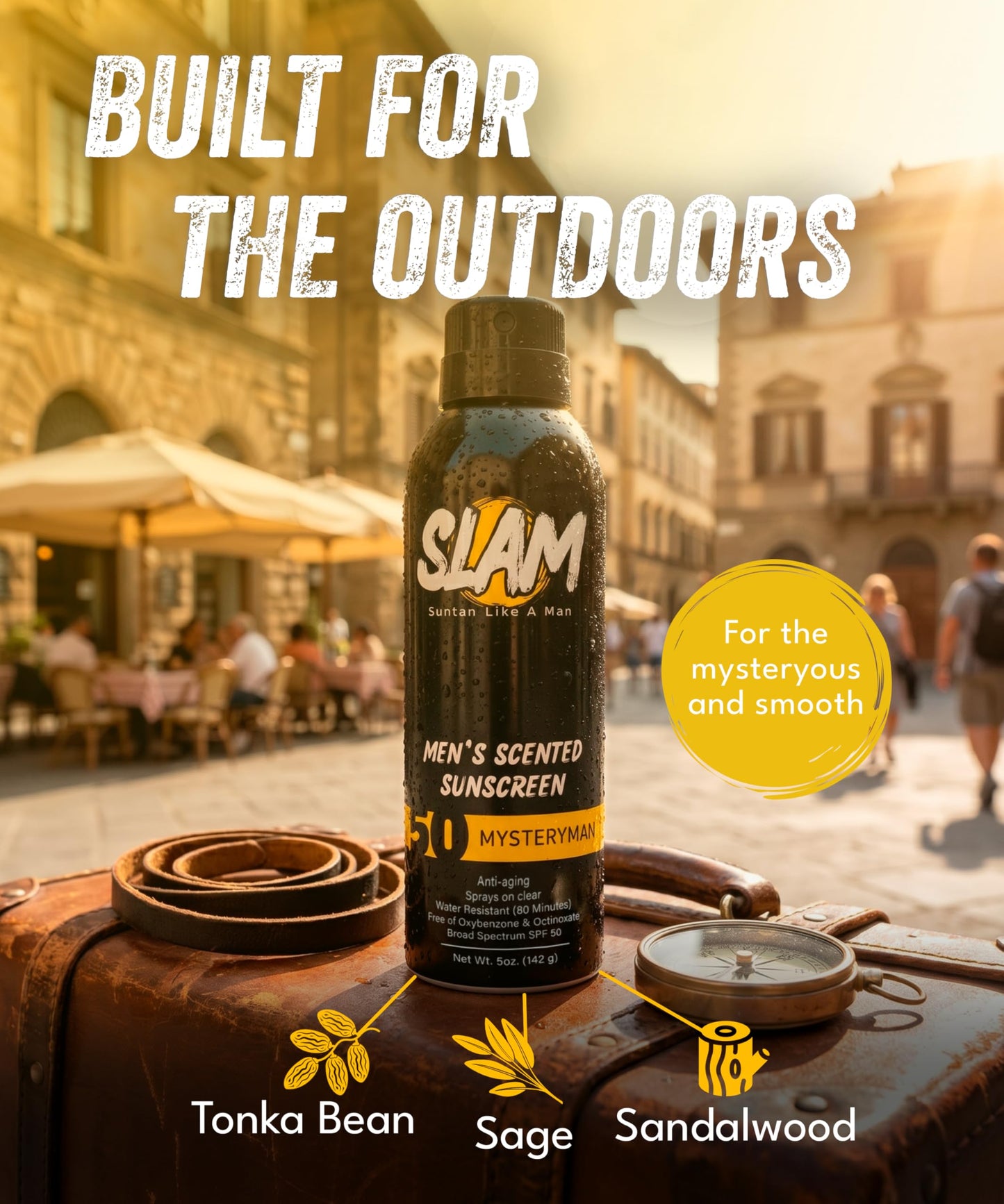 SLAM Men’s Sunscreen SPF 50 Spray - Broad Spectrum UVA/UVB Protection - Non-Greasy & No Harsh Chemicals - MysteryMan Sandalwood Tonka Bean Sage