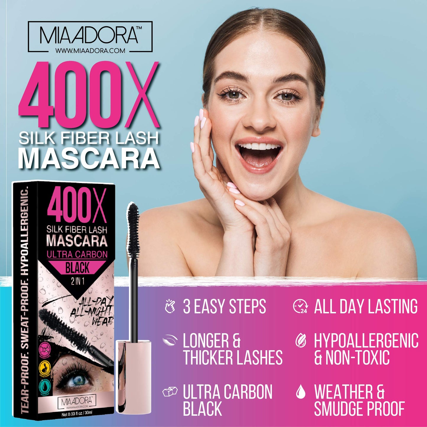 400X Pure Silk Fiber Lash Mascara [Ultra Black Volume and Length], Longer & Thicker Eyelashes. Waterproof, Long Lasting, Instant & Very Easy to Apply