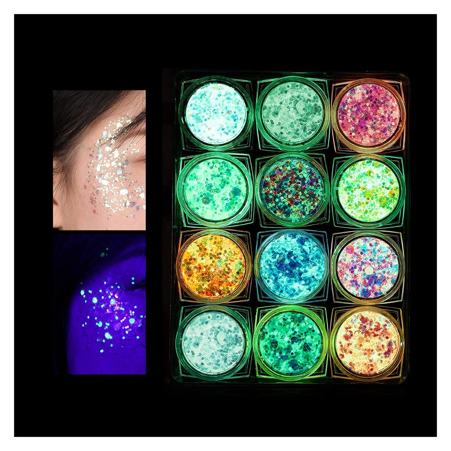IYARKAI® Glitter Gel Makeup, Iridescent Glitter Set 12 Colours, Glitter Powder Kit, Glitter Cosmetic for Face Nails Eyes Lips Hair Body, Music