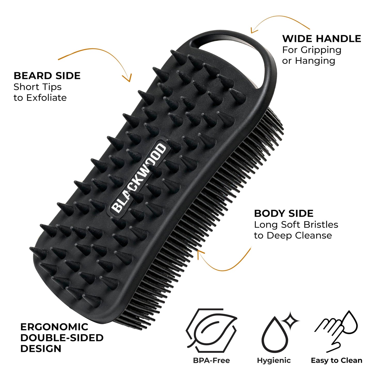 Blackwood For Men Double Duty Beard & Body Scrubber - Dual-Sided Men's Shower Tool - Handheld Body Wash Brush with Long Soft Silicone Bristles