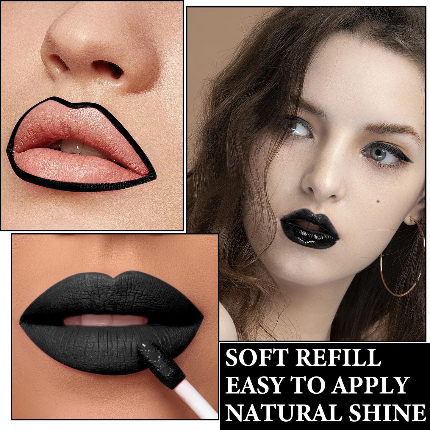 Black Matte Liquid Lipstick,3 in 1 Black Lip Liner and Lipstick Set,Matte Lip Gloss Long Lasting Moisturizing Velvet Lipgloss Make Up Gift Set Cosplay