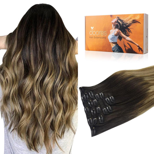 DOORES Hair Extensions Clip in Human Hair, Balayage Dark Brown to Chestnut Brown and Dirty Blonde 100g 14 Inch 7pcs, Remy Clip in Extensions Real Beauty and Personal Care DOORES Default Title