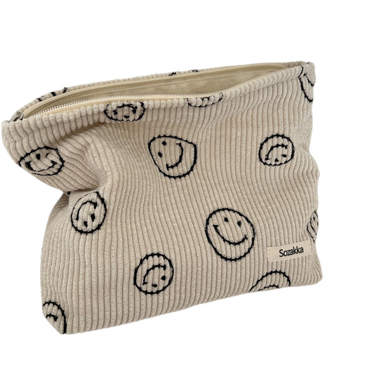 Corduroy Cosmetic Bag for Women – Aesthetic Makeup Organizer Pouch, Smile Dots Travel Storage Bag, Cute Handbag & Purse (Beige)