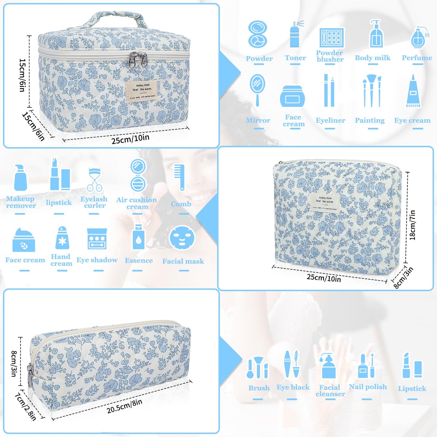 Large Quilted Makeup Bag – Big Floral Cosmetic Pouch for Women & Girls, Cute Cotton Travel Toiletry Organizer Bag Set with Flowers