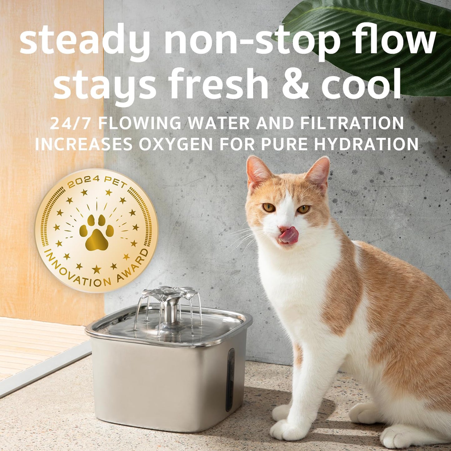 Veken 95oz Stainless Steel Cat Water Fountain – Award-Winning Automatic Pet Dispenser with Filters & Mat – Silver