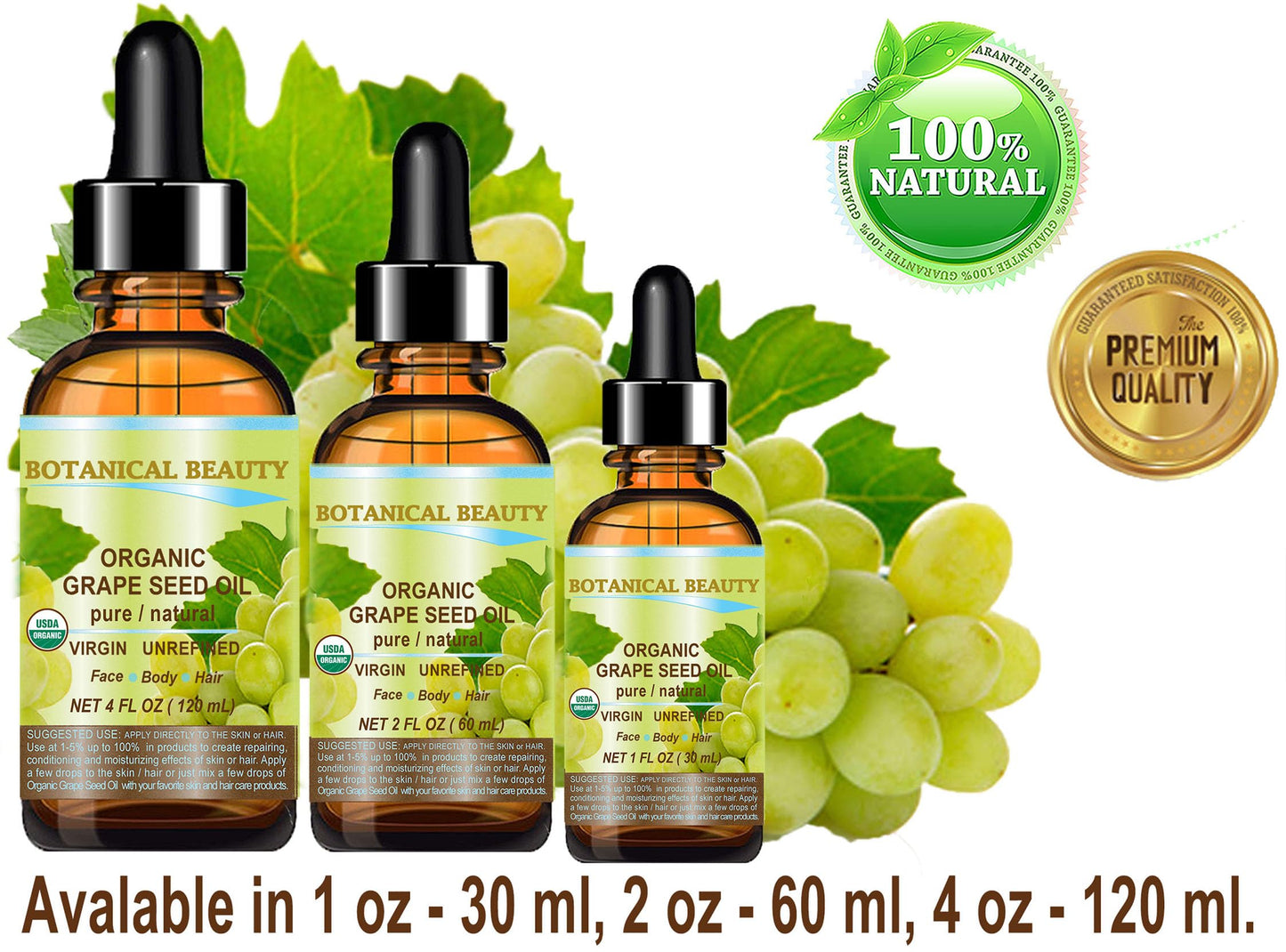 Botanical Beauty Organic GRAPE SEED OIL 100% Pure Natural VIRGIN UNREFINED Cold-Pressed Carrier Oil for Face, Skin, Body, Hair, Lip, Nails, Massage