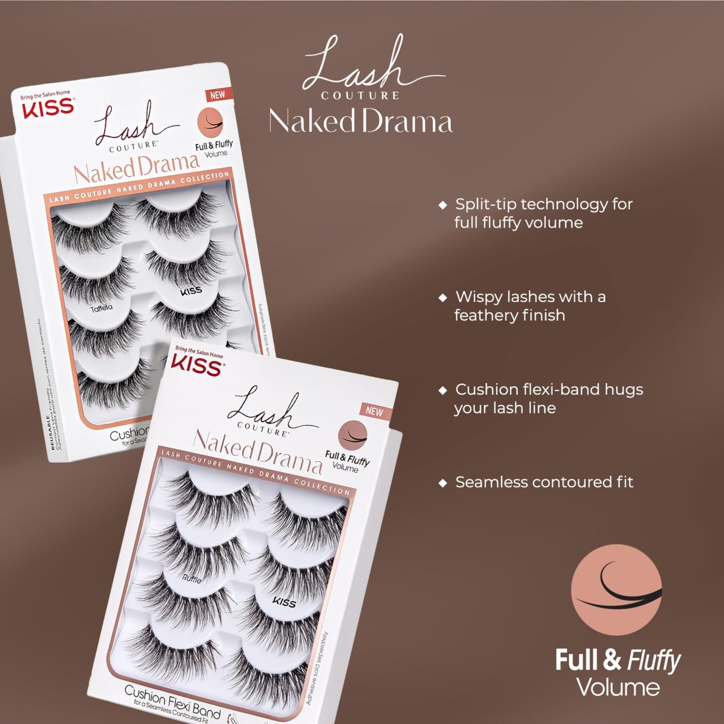 KISS Lash Couture Naked Drama Collection False Eyelashes Multipack 01 with Cushion Flexi Band, Style 'Ruffle', Full & Fluffy Volume, 4 Pairs Fake…