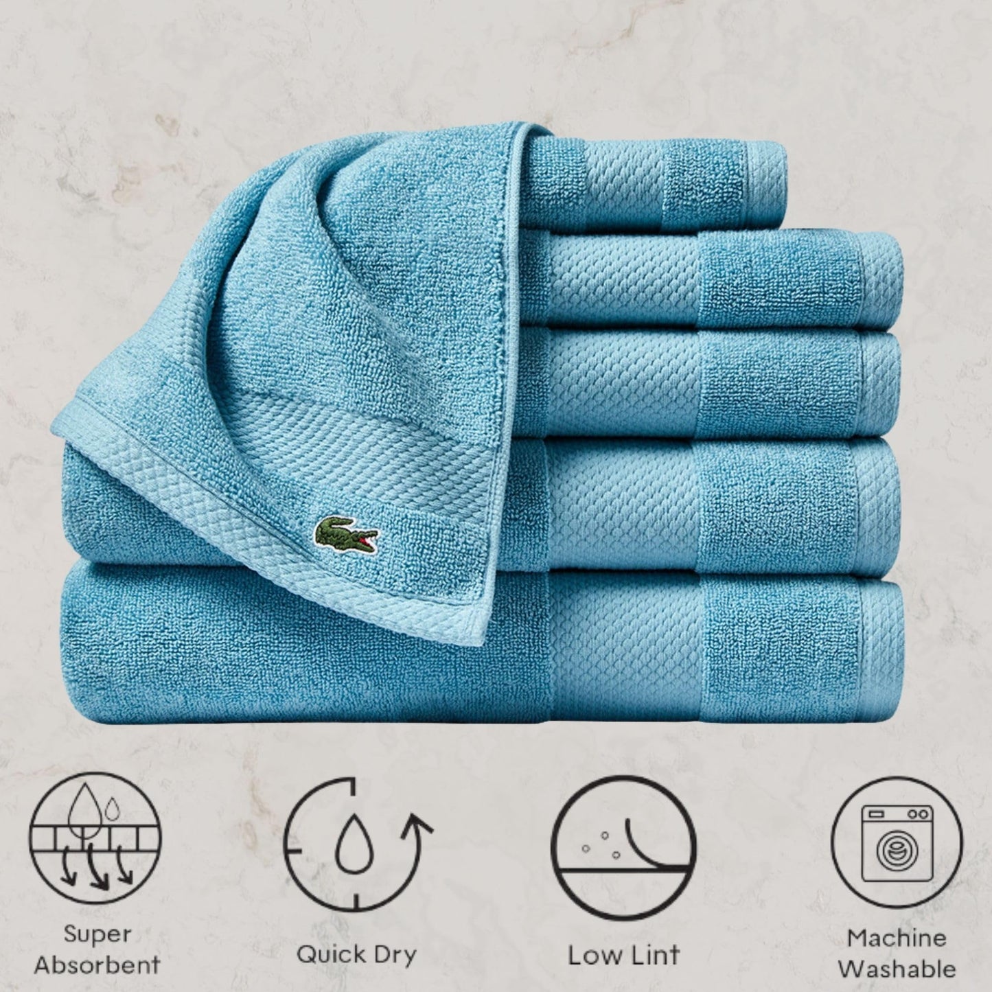 Lacoste Heritage Supima Cotton 6-Piece Towel Set, 2 Bath Towels, 2 Hand Towels, 2 Washcloths, Celestial Blue - Highly Absorbent & Quick Drying…