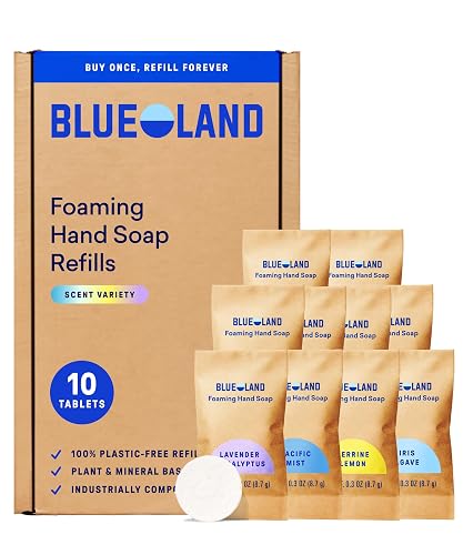 BLUELAND Foaming Hand Soap Refill Tablets, 10-Pack, Variety Pack Scents, Eco Friendly Cleaning Products, 10 x 9 Fl oz