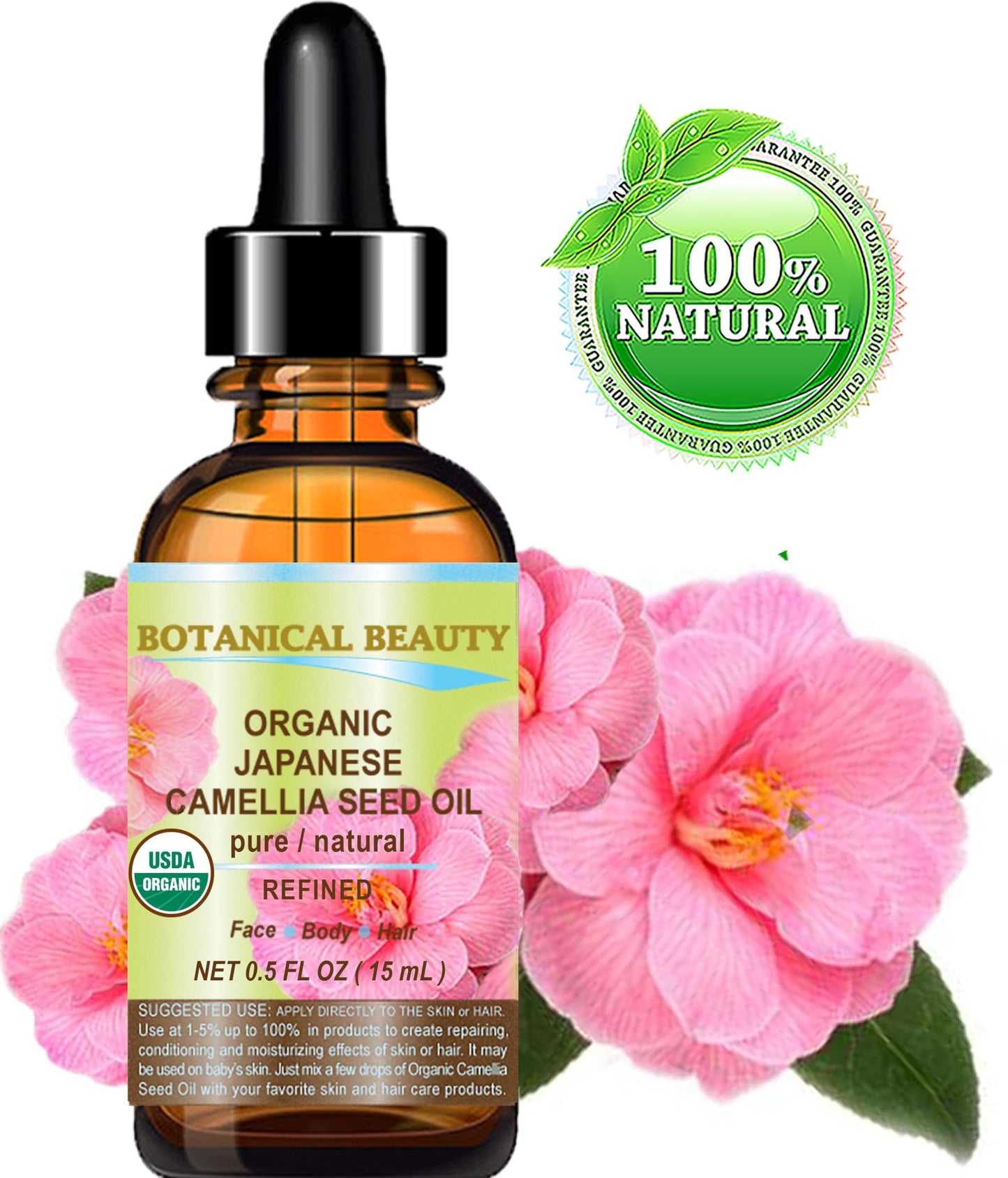 Botanical Beauty Japanese ORGANIC CAMELLIA Seed Oil. 100% Pure Natural Undiluted Refined Cold Pressed Carrier Oil to revitalize and rejuvenate the
