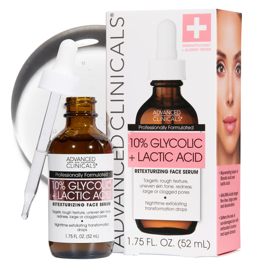 Advanced Clinicals Exfoliating 10% Glycolic Acid Serum For Face + Lactic Acid | Facial Exfoliant AHA + Salicylic Acid Serum To Improve Look Of Large