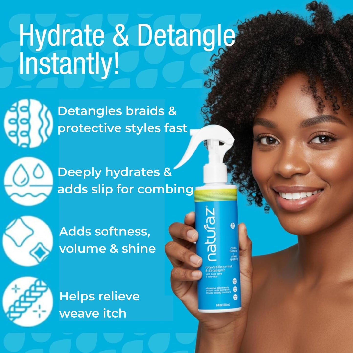 Naturaz Curly Hair Detangler Spray - Leave-In Conditioner Spray for Kids to Adults - Natural, Vegan - Softens Dry, Brittle, Damaged Curly and Coily