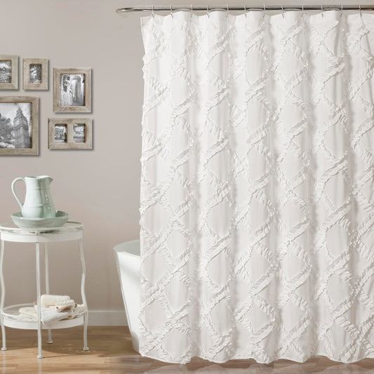 Lush Decor Ruffle Diamond Shower Curtain 72"L x 72"L White - Fabric Shower Curtains for Bathroom - White Bathroom Curtain - Vintage Farmhouse Decor