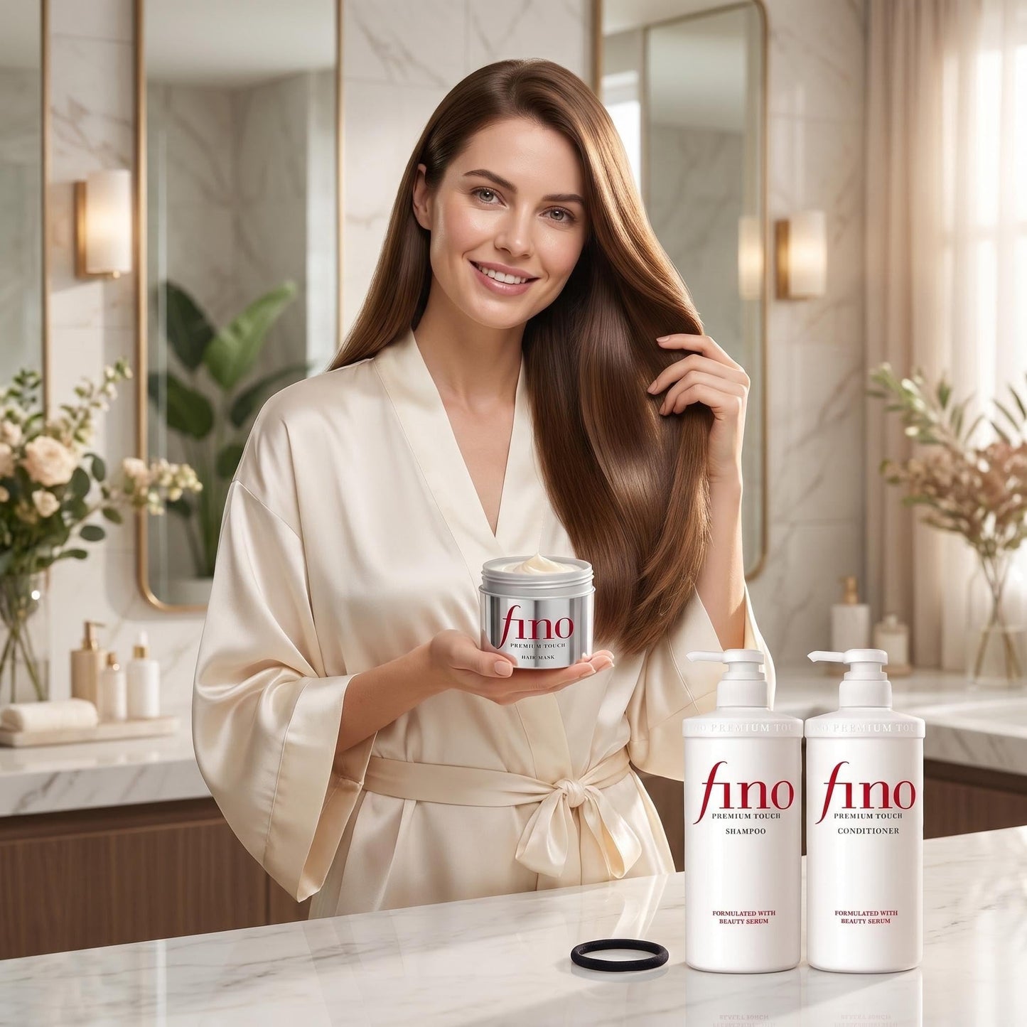 TJ SIGNATURE Fino Premium Touch Hair Care Set - Shampoo (550ml), Conditioner (550ml) & Mask (230g) - 4-Piece J-Beauty System for Dry Damaged Hair